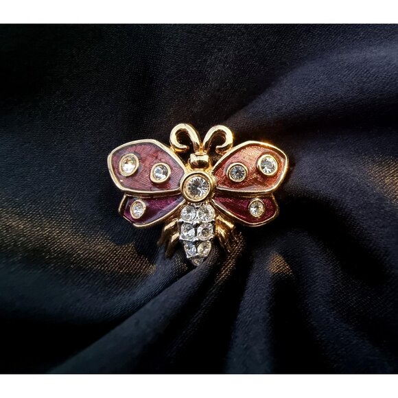 Vintage SWAROVSKI Swan Signed Brown Enamel Clear Crystals Butterfly Brooch Pin - Picture 1 of 5